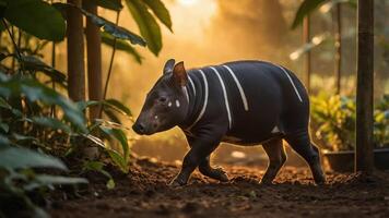 A tapir walking through a lush, green environment with soft sunlight filtering through. photo