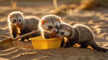 Three playful ferrets interacting around a yellow container in a sandy environment. photo