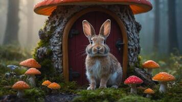 A whimsical rabbit sits in front of a mushroom house surrounded by colorful mushrooms. photo
