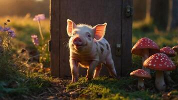 A playful piglet stands near a wooden door in a whimsical, natural setting with mushrooms. photo