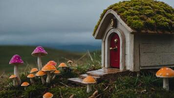 A whimsical miniature house surrounded by colorful mushrooms in a natural setting. photo