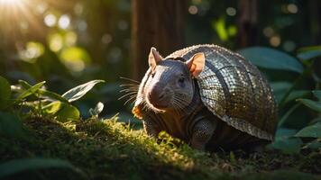 A close-up of a unique armadillo in a lush, sunlit forest setting. photo