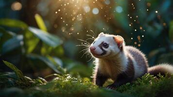 A playful animal in a lush, sunlit environment, surrounded by greenery and soft light. photo