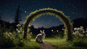 A serene night scene featuring a rabbit under a starry sky and a floral archway. photo