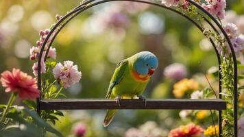 A colorful bird perched on a decorative frame surrounded by vibrant flowers in a garden. photo