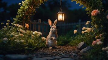 A rabbit stands under a lantern in a flower-adorned archway at night. photo