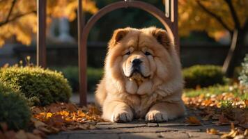 A fluffy dog resting on a path surrounded by autumn leaves and greenery. photo