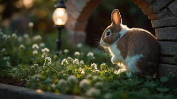 A rabbit sits peacefully in a garden, illuminated by soft evening light. photo