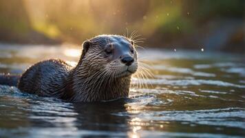 A playful otter swimming in a serene water setting, illuminated by soft sunlight. photo