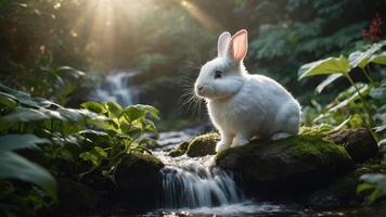A serene white rabbit perched by a gentle stream in a lush, green forest setting. photo
