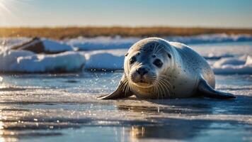A seal resting on a frozen shoreline, illuminated by sunlight. photo