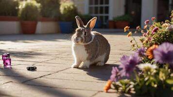 A rabbit sits on a patio surrounded by flowers and a small toy, enjoying the sunny day. photo