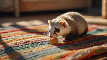 A playful ferret with a small object on a colorful rug in a sunlit room. photo