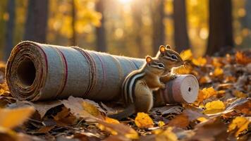 Two chipmunks playfully interact on a rolled-up mat amidst autumn leaves. photo