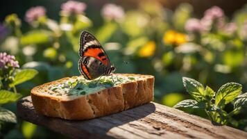 A butterfly perched on a slice of bread in a vibrant garden setting. photo