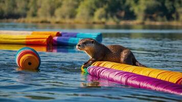 An otter lounging on colorful floating logs in a serene river setting. photo