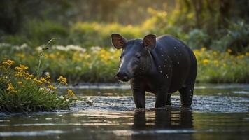 A tapir wading through a tranquil waterway surrounded by vibrant flowers in a natural setting. photo