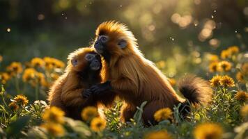 Two golden monkeys playfully interacting in a field of dandelions during golden hour. photo