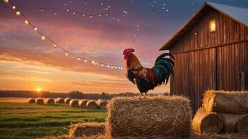 A rooster stands on a hay bale at sunset near a barn, creating a serene farm atmosphere. photo