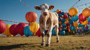 A calf stands in a field adorned with colorful lanterns, suggesting a festive atmosphere. photo