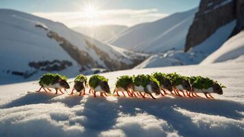 A whimsical scene of small creatures in a snowy landscape, adorned with leafy greens. photo