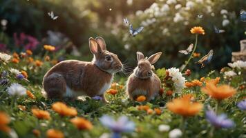 Two rabbits surrounded by colorful flowers and butterflies in a vibrant garden. photo