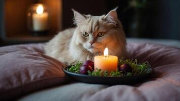 A serene scene featuring a cat beside a candle and plate of grapes on a soft cushion. photo