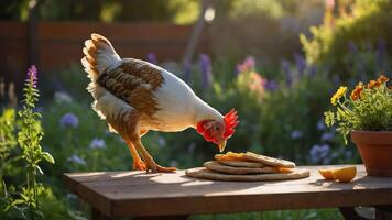 A chicken curiously inspects a stack of flatbreads on a wooden table in a vibrant garden. photo