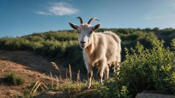 A goat stands on grassy terrain with a scenic backdrop of hills under a clear sky. photo