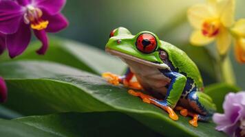 A vibrant red-eyed tree frog perched on a leaf surrounded by colorful orchids. photo