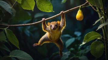 A small, furry animal hangs from a branch in a lush, green environment. photo
