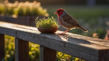 A colorful bird perched on a wooden railing beside a small bowl of greenery. photo