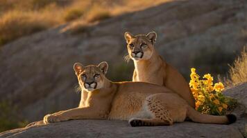 Two cougars resting on a rock with flowers in a natural setting during golden hour. photo