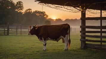 A serene cow stands in a misty field at sunset, creating a peaceful rural scene. photo