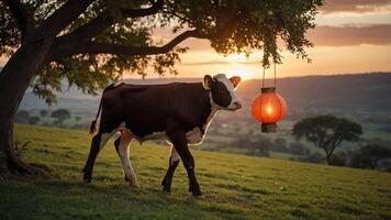 A cow walks under a tree with a lantern at sunset, creating a serene rural scene. photo