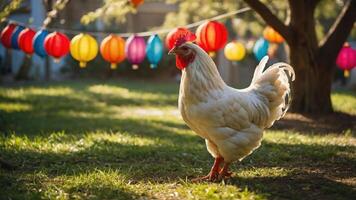 A white chicken walks on grass, with colorful lanterns hanging in the background. photo