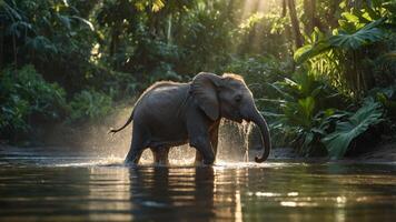 A young elephant splashes in a serene jungle river, illuminated by soft sunlight. photo
