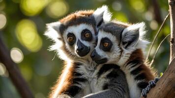 Two affectionate lemurs cuddling on a branch in a lush environment. photo