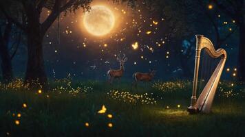A serene night scene with a harp, deer, and a full moon surrounded by glowing butterflies. photo