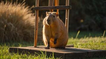 A capybara stands on a wooden platform, framed by an outdoor setting in soft sunlight. photo