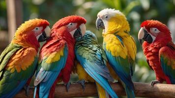 A vibrant group of colorful parrots perched together on a branch in a natural setting. photo