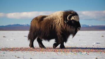 A muskox walks across a snowy landscape scattered with colorful cereal. photo