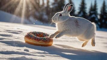 A rabbit leaps through snow towards a colorful donut. photo