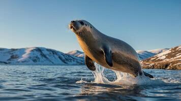 A seal leaps from the water against a backdrop of snowy mountains under a clear sky. photo