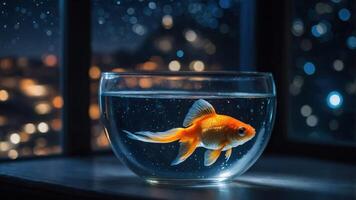 A goldfish swims in a bowl, illuminated by a starry night view through a window. photo
