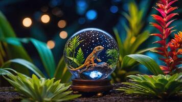 A lizard in a snow globe surrounded by lush plants and soft lights. photo