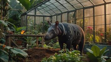 A tapir stands in a greenhouse filled with plants and flowers, showcasing a lush environment. photo