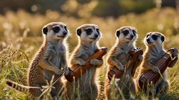 Four meerkats playing small instruments in a grassy field. photo