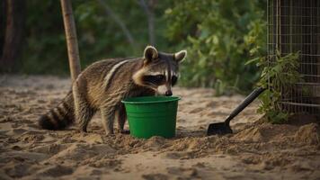 A raccoon curiously investigates a green bucket in a sandy environment. photo