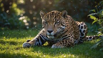 A close-up of a leopard crouching on grass, showcasing its striking coat and focused expression. photo